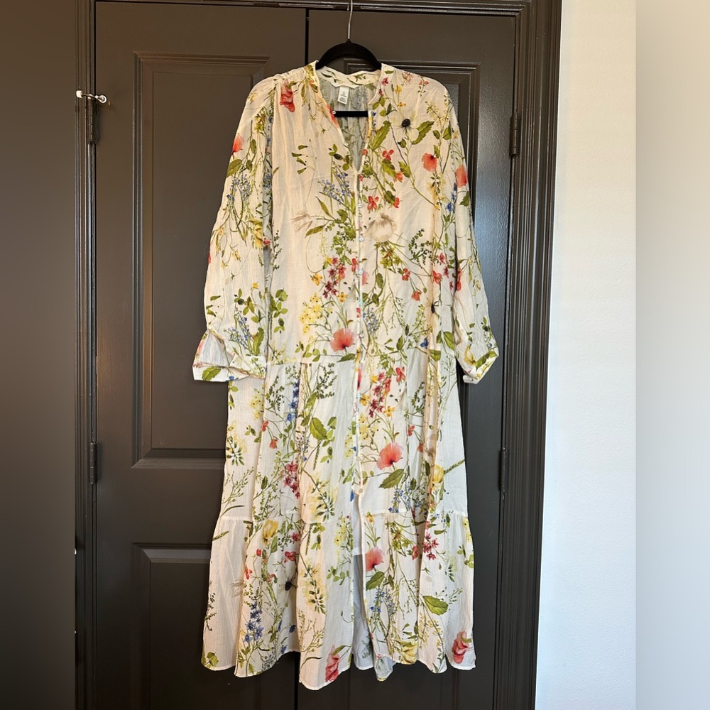 Floral Tiered Long Sleeve Dress - White Floral
